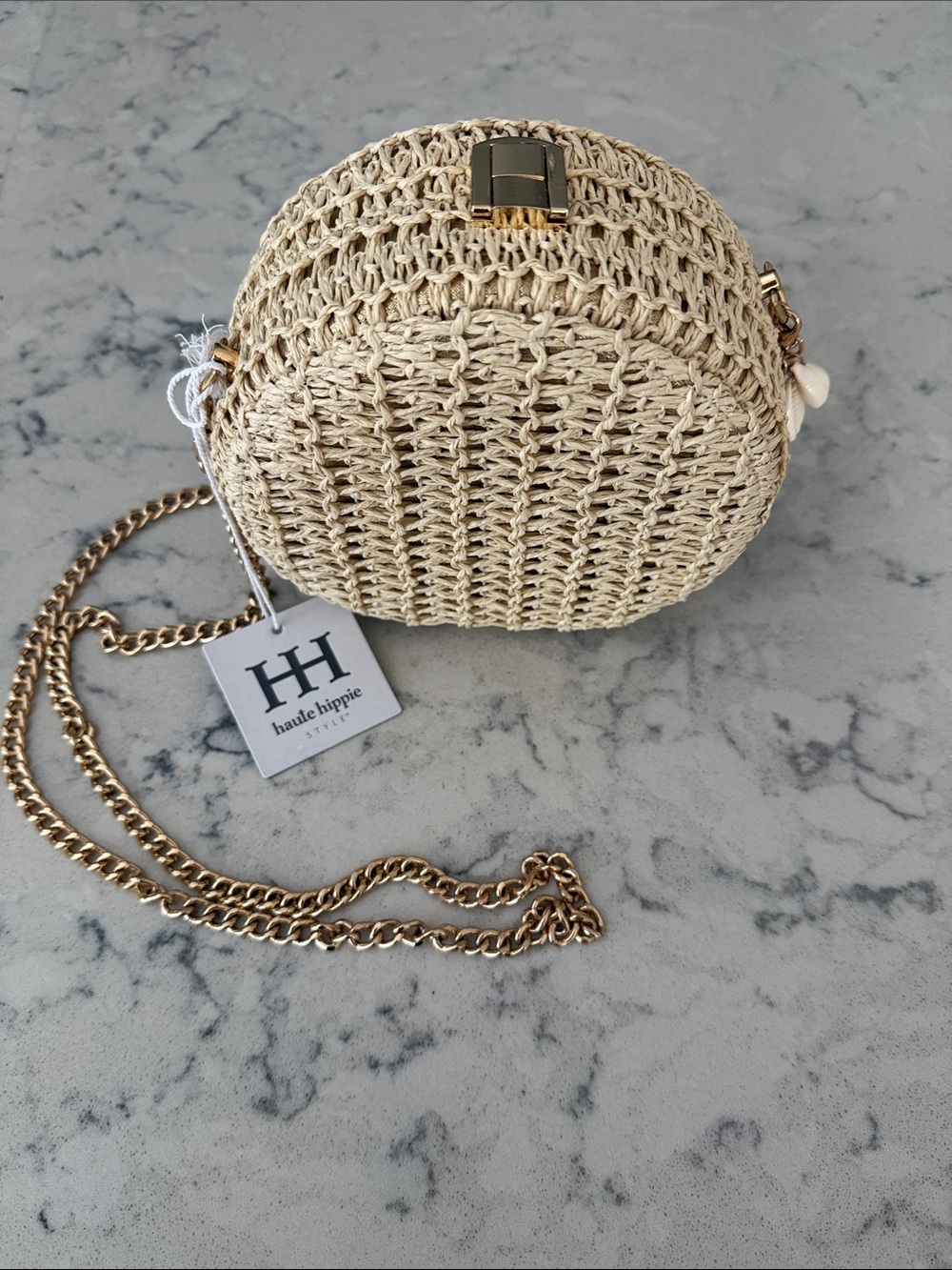 NWT Haute Hippie Cream Woven Round Crossbody with Gold Chain